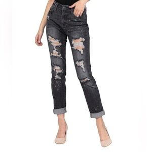 Judy Blue Distressed Boyfriend Fit Jeans Size 31 Black Bleach Splatter